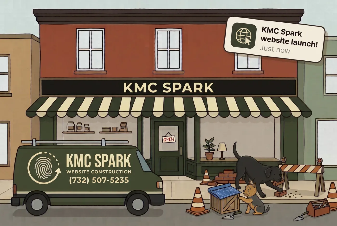Illustration of a Main Street storefront signed KMC Spark. A green KMC Spark Website Construction van with the fingerprint logo and the phone number is parked out front, while a black Lab and a Yorkie work among traffic cones, bricks and blueprints. A notification in the corner reads: KMC Spark website launch! Just now.