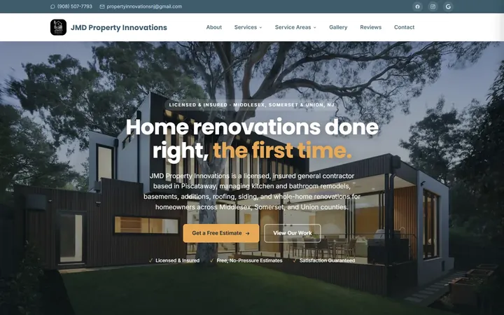 Home page of jmdpropertyinnovationsnj.com on a desktop screen, built by KMC Spark.